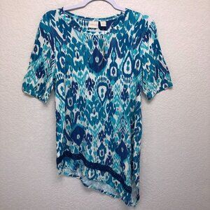 Chicos Women White Blue Asymmetrical Hem Short Sleeve Shirt Size 0 Small NWT